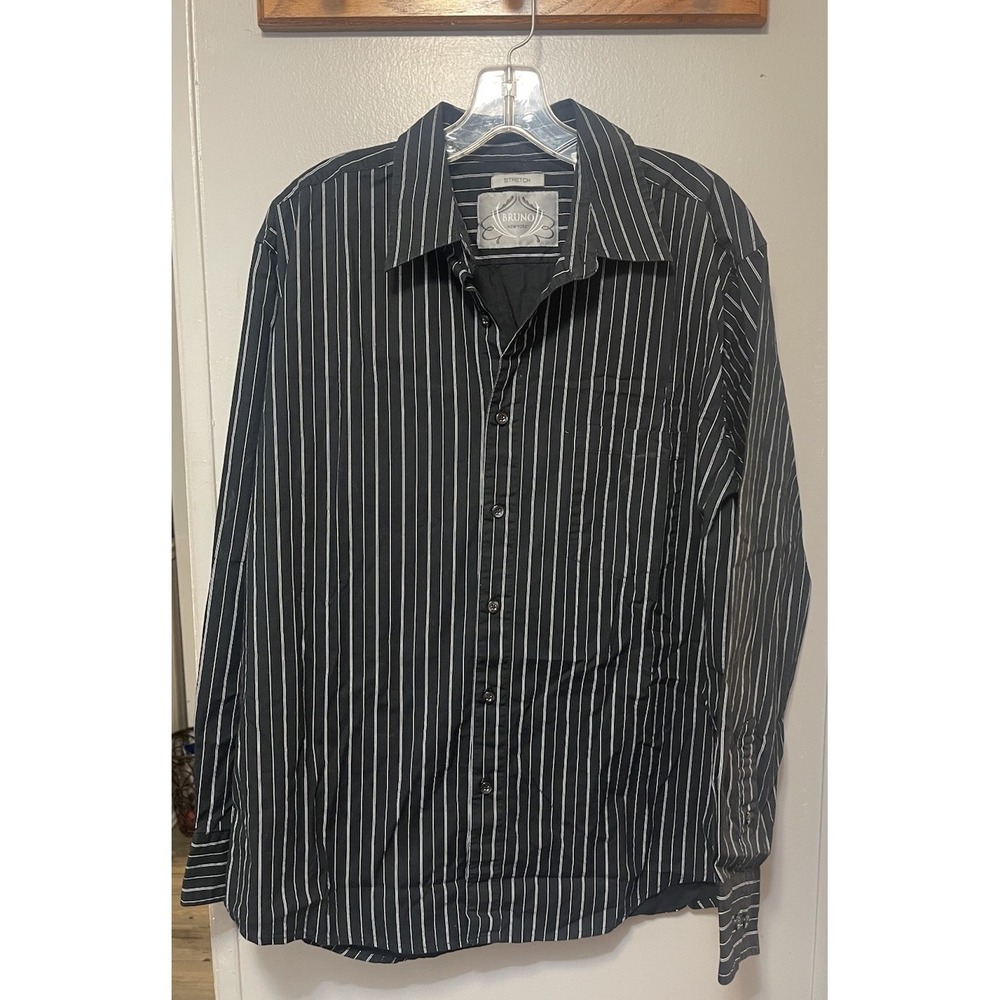 Bruno New York Stretch Dress Shirt Long Sleeve Black/White Pinstripe Men's Large